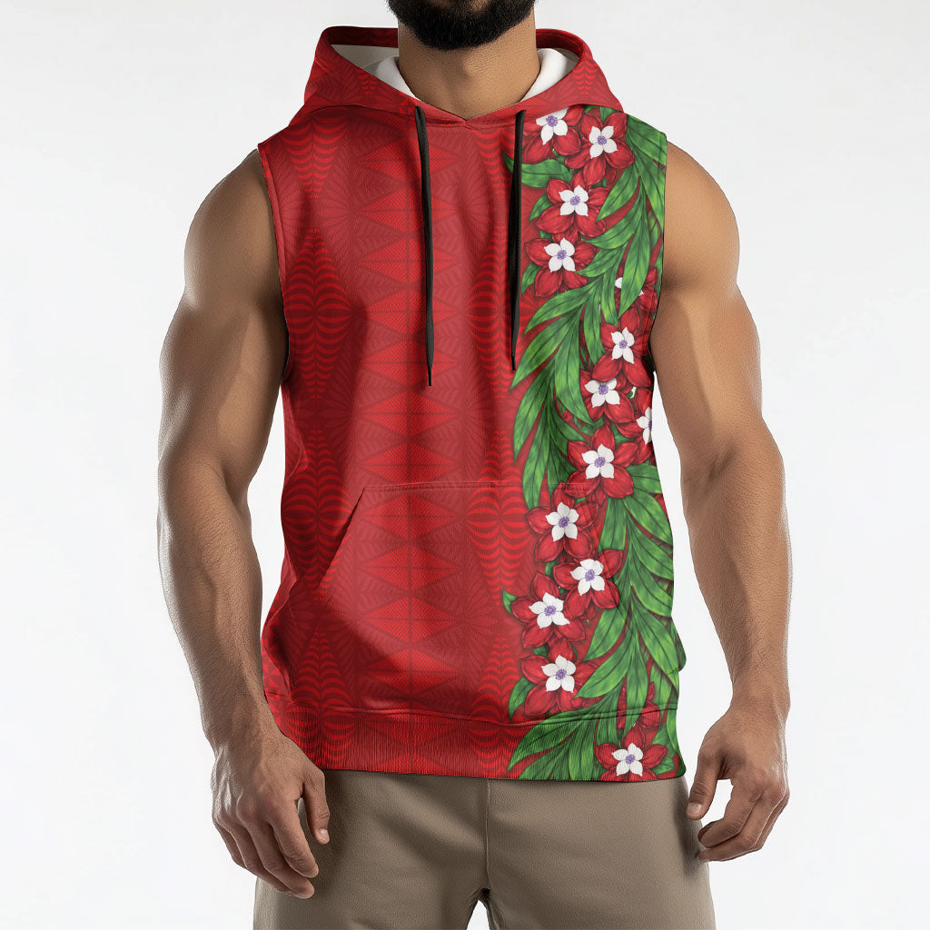 Tonga Language Week Sleeveless Hoodie Heilala Floral Red LT05 - Polynesian Pride