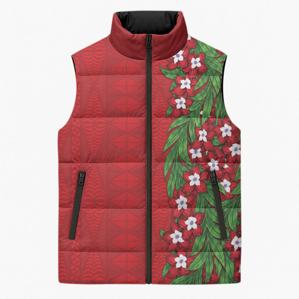 Tonga Language Week Sleeveless Puffer Jacket Heilala Floral Red LT05 Unisex Red - Polynesian Pride