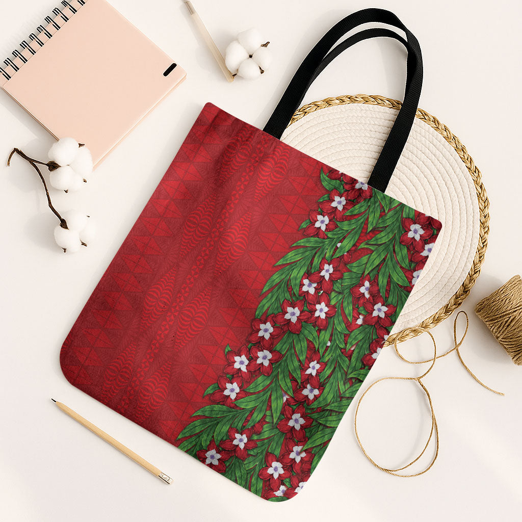 Tonga Language Week Tote Bag Heilala Floral Red LT05 Black Strap One Size Red - Polynesian Pride