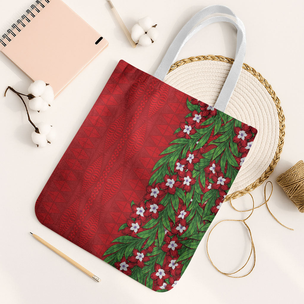 Tonga Language Week Tote Bag Heilala Floral Red LT05 White Strap One Size Red - Polynesian Pride
