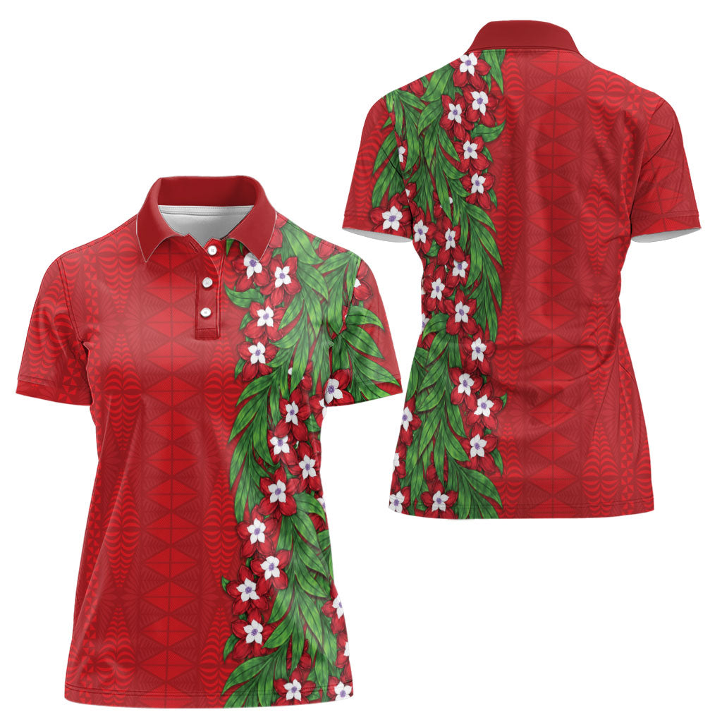 Tonga Language Week Women Polo Shirt Heilala Floral Red LT05 - Polynesian Pride