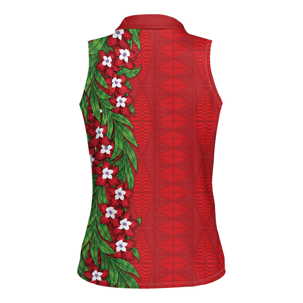 Tonga Language Week Women Sleeveless Polo Shirt Heilala Floral Red LT05 - Polynesian Pride