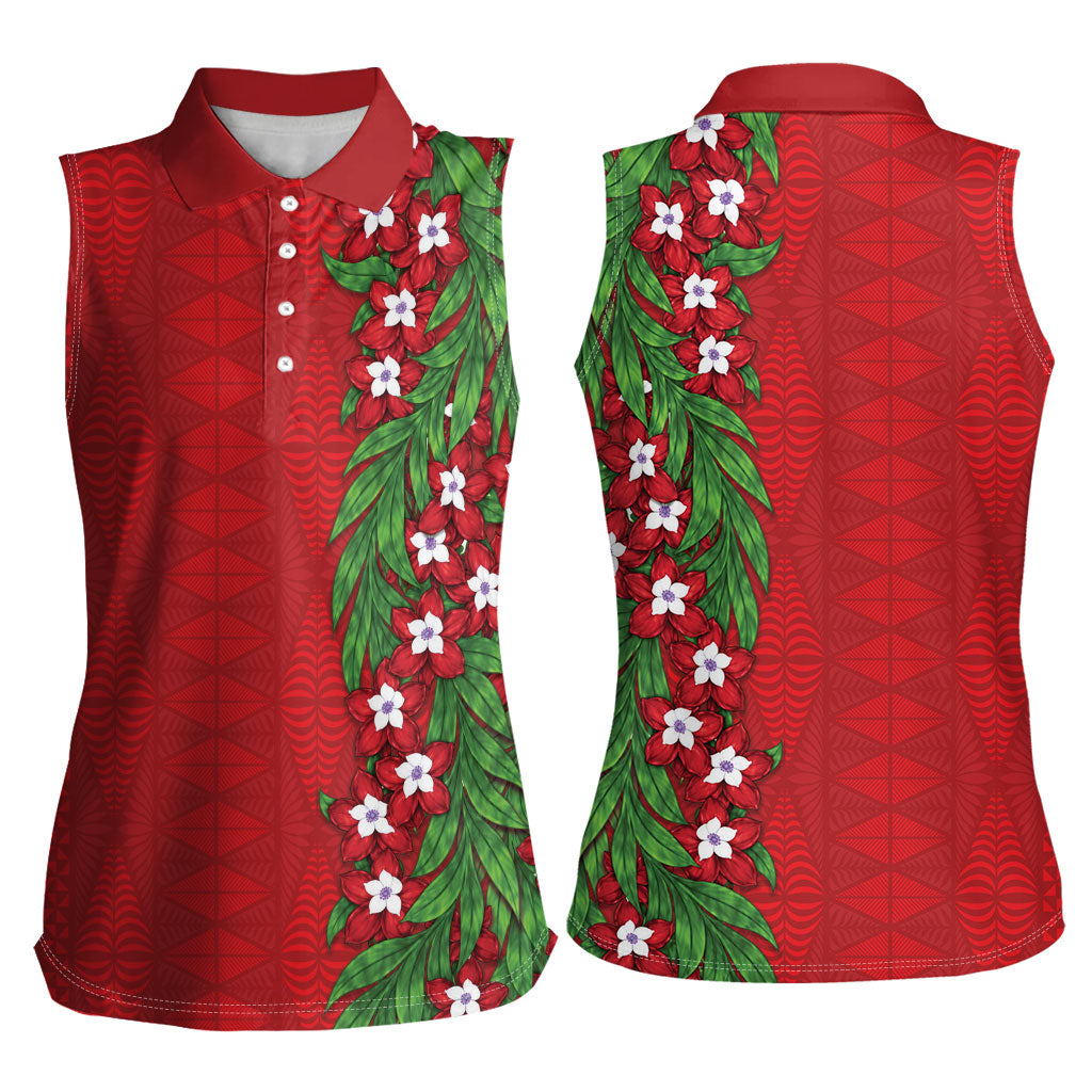 Tonga Language Week Women Sleeveless Polo Shirt Heilala Floral Red LT05 - Polynesian Pride