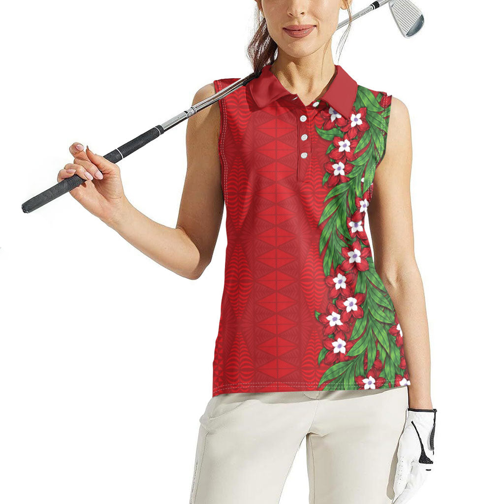 Tonga Language Week Women Sleeveless Polo Shirt Heilala Floral Red LT05 - Polynesian Pride