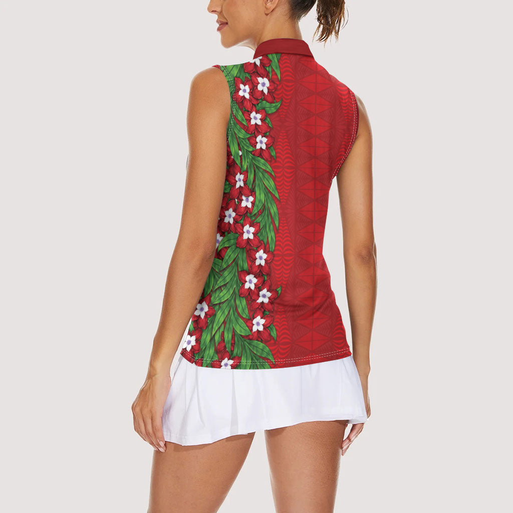 Tonga Language Week Women Sleeveless Polo Shirt Heilala Floral Red LT05 - Polynesian Pride