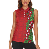Tonga Language Week Women Sleeveless Polo Shirt Heilala Floral Red LT05 - Polynesian Pride