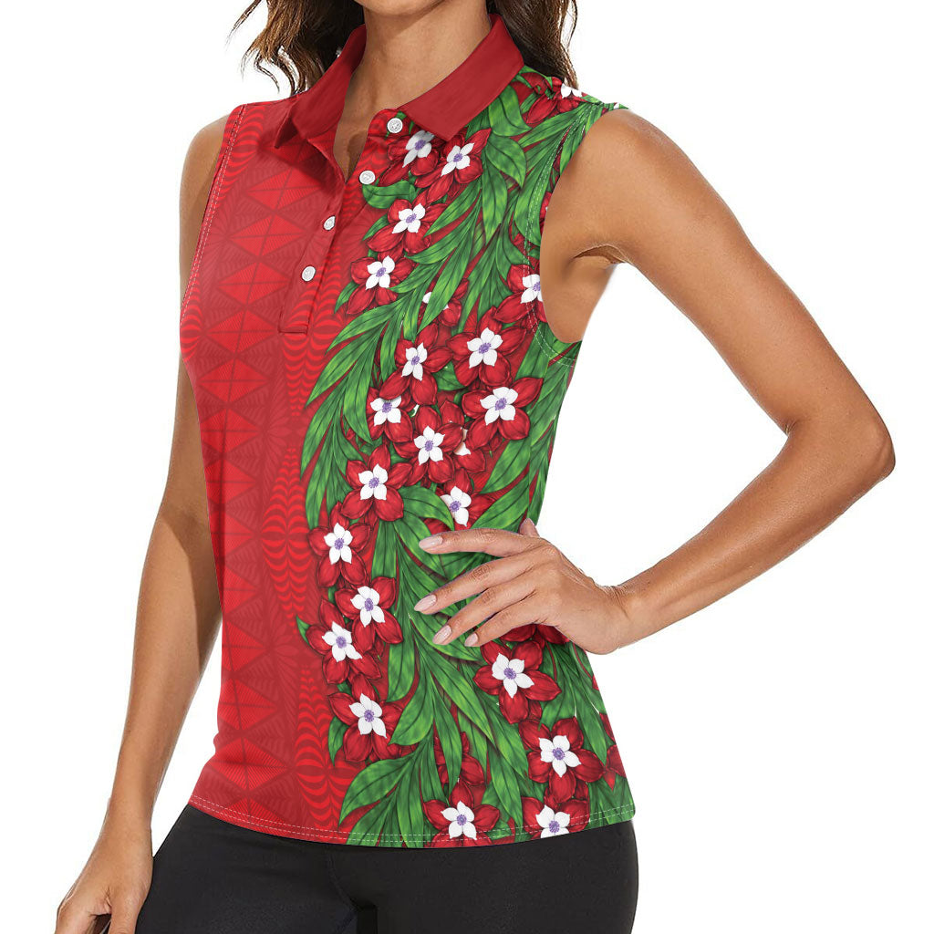 Tonga Language Week Women Sleeveless Polo Shirt Heilala Floral Red LT05 - Polynesian Pride
