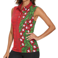 Tonga Language Week Women Sleeveless Polo Shirt Heilala Floral Red LT05 - Polynesian Pride