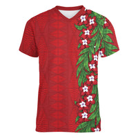 Tonga Language Week Women V-Neck T-Shirt Heilala Floral Red LT05 Female Red - Polynesian Pride