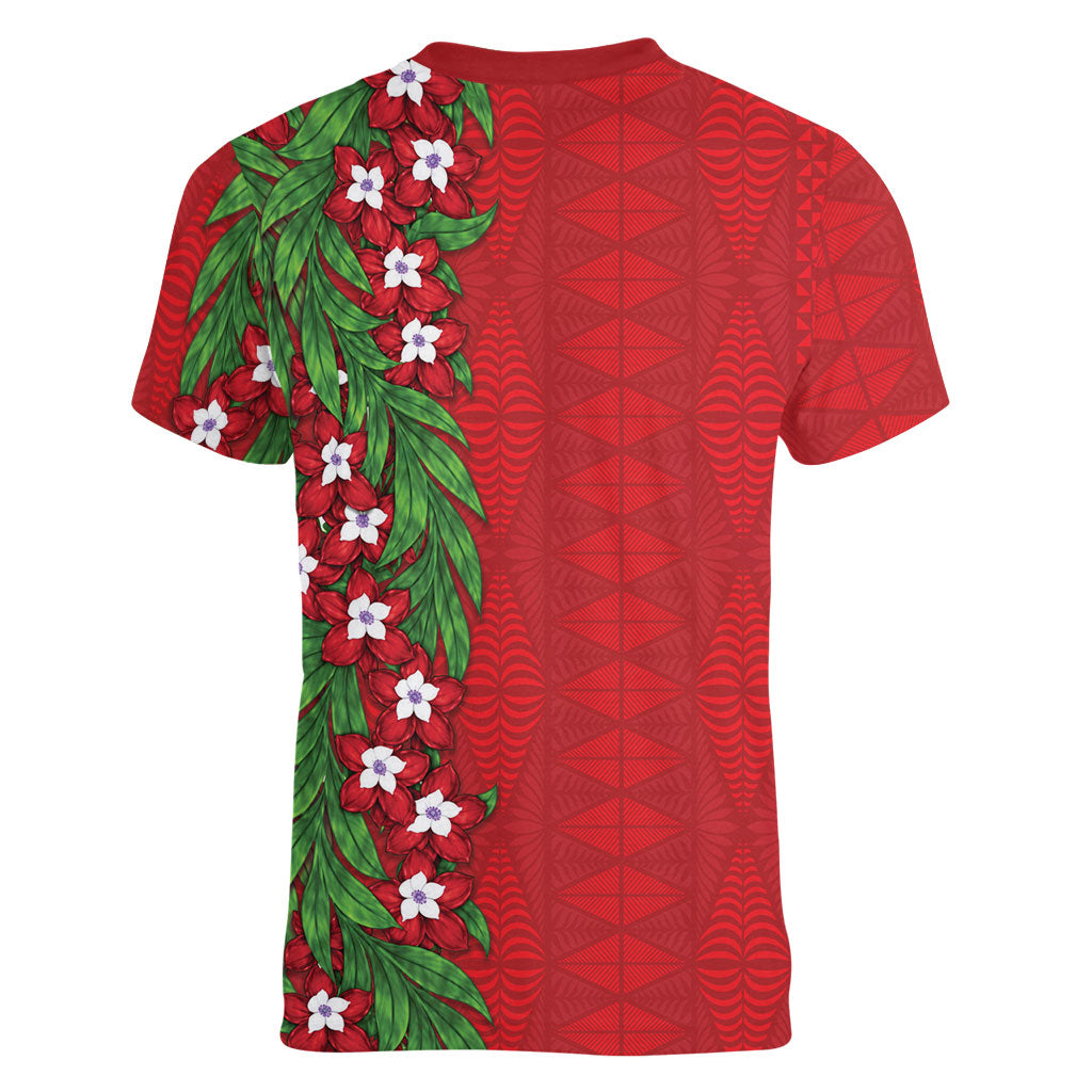Tonga Language Week Women V-Neck T-Shirt Heilala Floral Red LT05 - Polynesian Pride