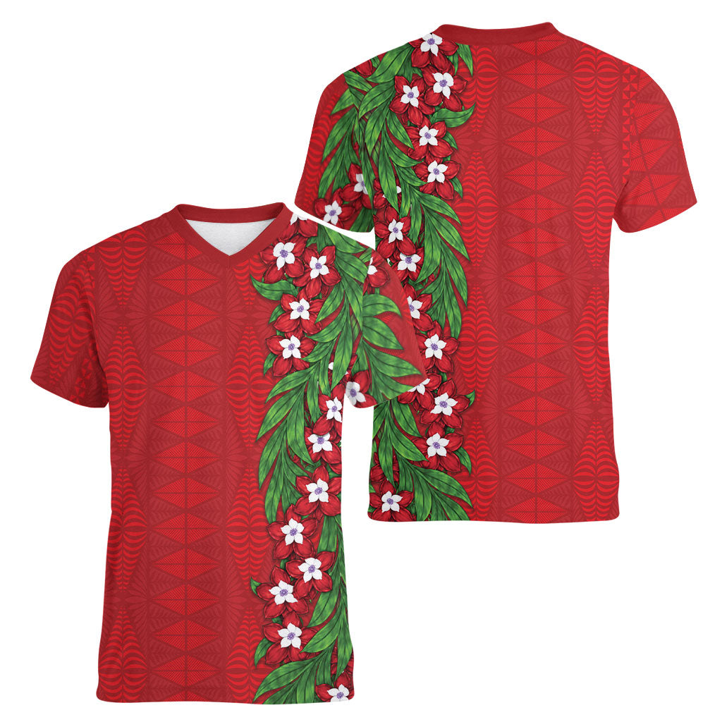 Tonga Language Week Women V-Neck T-Shirt Heilala Floral Red LT05 - Polynesian Pride