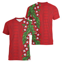 Tonga Language Week Women V-Neck T-Shirt Heilala Floral Red LT05 - Polynesian Pride