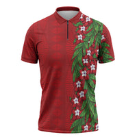 Tonga Language Week Zipper Polo Shirt Heilala Floral Red LT05 Red - Polynesian Pride