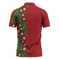 Tonga Language Week Zipper Polo Shirt Heilala Floral Red LT05 - Polynesian Pride