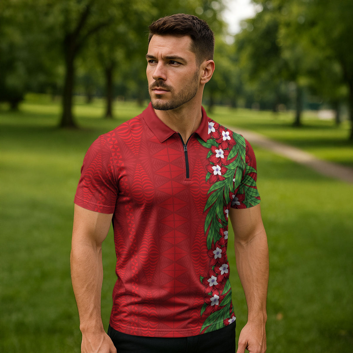 Tonga Language Week Zipper Polo Shirt Heilala Floral Red LT05 - Polynesian Pride
