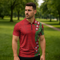Tonga Language Week Zipper Polo Shirt Heilala Floral Red LT05 - Polynesian Pride