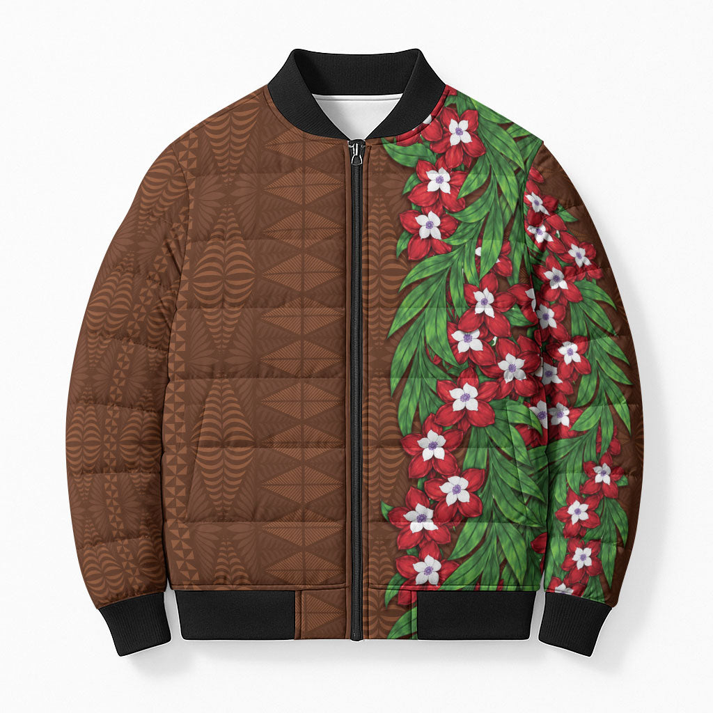 Tonga Language Week Bomber Puffer Jacket Heilala Floral Brown LT05 Unisex Brown - Polynesian Pride