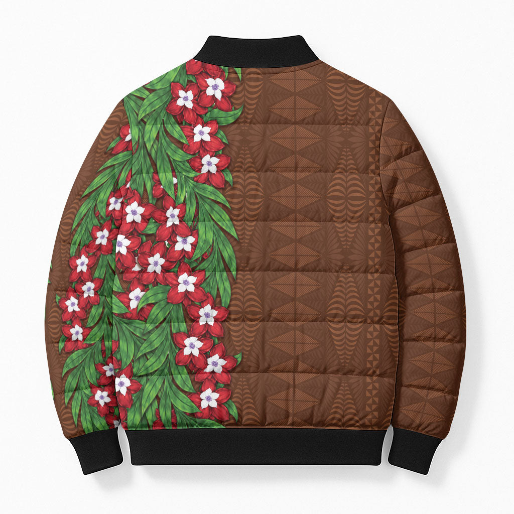 Tonga Language Week Bomber Puffer Jacket Heilala Floral Brown LT05 - Polynesian Pride