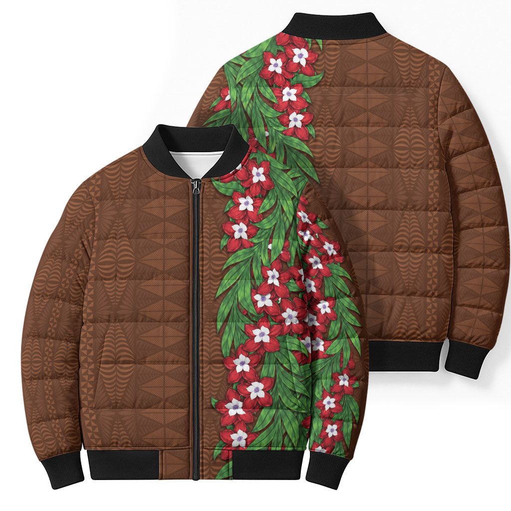 Tonga Language Week Bomber Puffer Jacket Heilala Floral Brown LT05 - Polynesian Pride