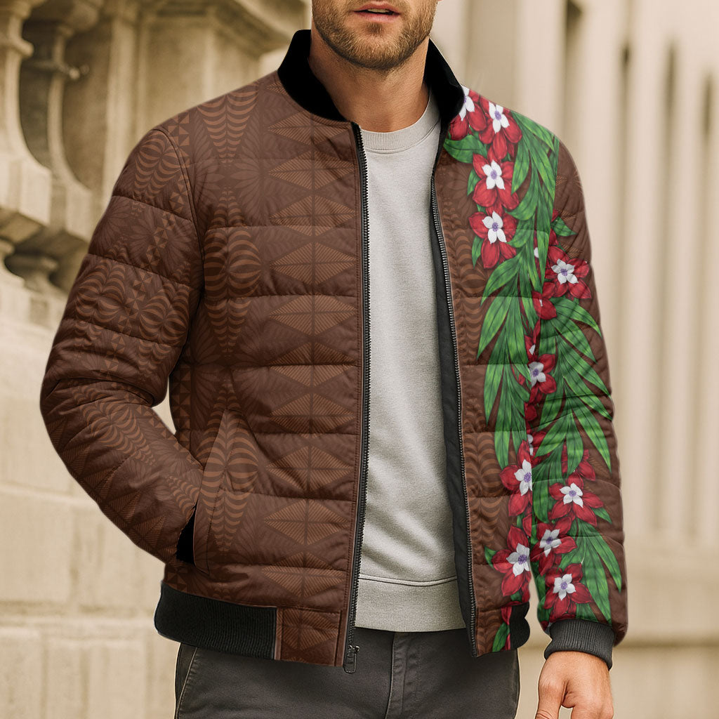 Tonga Language Week Bomber Puffer Jacket Heilala Floral Brown LT05 - Polynesian Pride