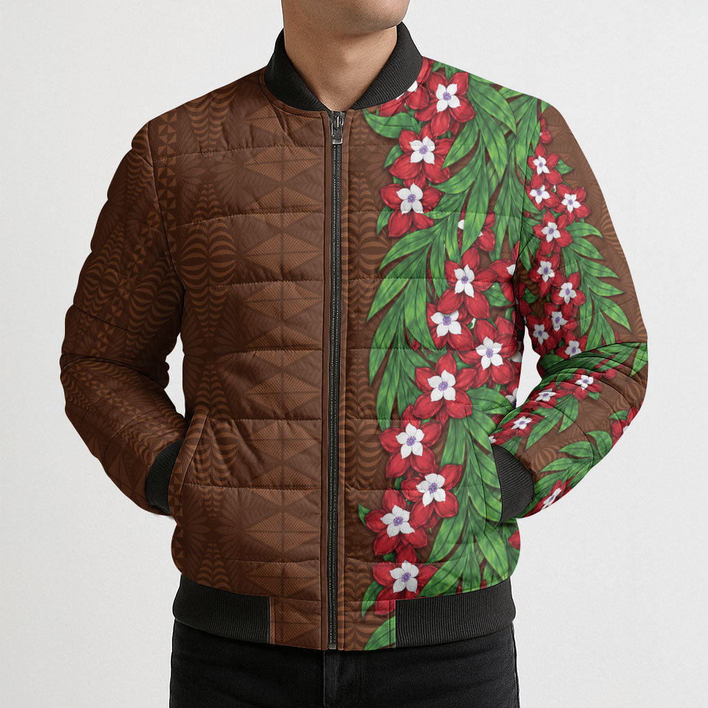 Tonga Language Week Bomber Puffer Jacket Heilala Floral Brown LT05 - Polynesian Pride