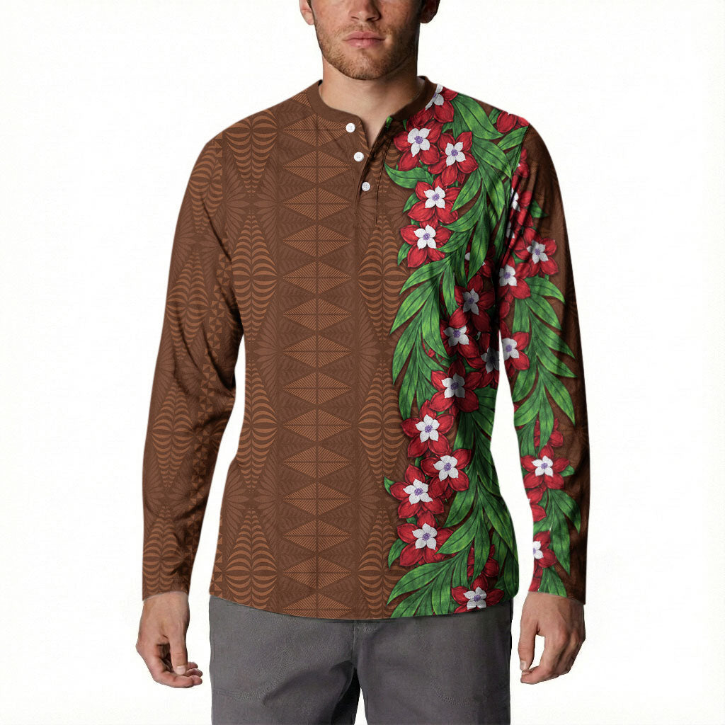 Tonga Language Week Button Sweatshirt Heilala Floral Brown LT05 - Polynesian Pride
