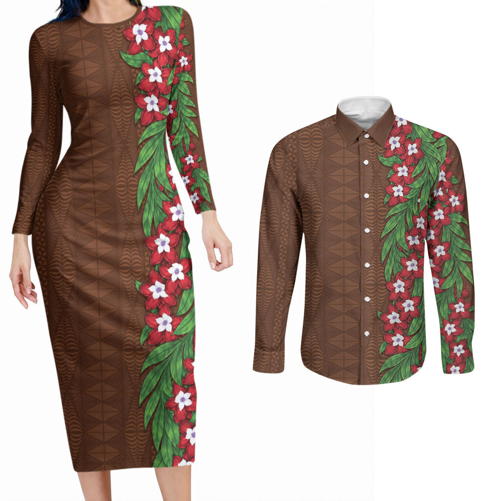 Tonga Language Week Couples Matching Long Sleeve Bodycon Dress and Long Sleeve Button Shirt Heilala Floral Brown LT05 Brown - Polynesian Pride