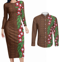 Tonga Language Week Couples Matching Long Sleeve Bodycon Dress and Long Sleeve Button Shirt Heilala Floral Brown LT05 Brown - Polynesian Pride