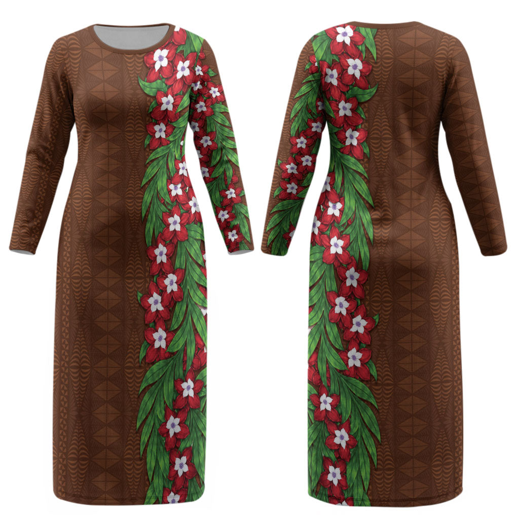 Tonga Language Week Couples Matching Long Sleeve Bodycon Dress and Long Sleeve Button Shirt Heilala Floral Brown LT05 - Polynesian Pride