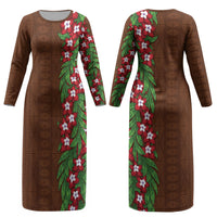 Tonga Language Week Couples Matching Long Sleeve Bodycon Dress and Long Sleeve Button Shirt Heilala Floral Brown LT05 - Polynesian Pride