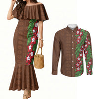 Tonga Language Week Couples Matching Mermaid Dress and Long Sleeve Button Shirt Heilala Floral Brown LT05 Brown - Polynesian Pride