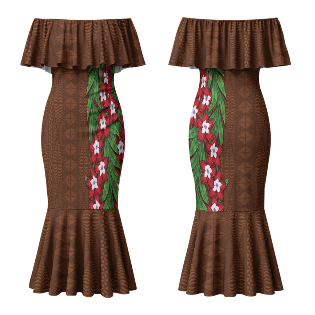 Tonga Language Week Couples Matching Mermaid Dress and Long Sleeve Button Shirt Heilala Floral Brown LT05 - Polynesian Pride