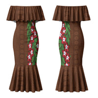 Tonga Language Week Couples Matching Mermaid Dress and Long Sleeve Button Shirt Heilala Floral Brown LT05 - Polynesian Pride