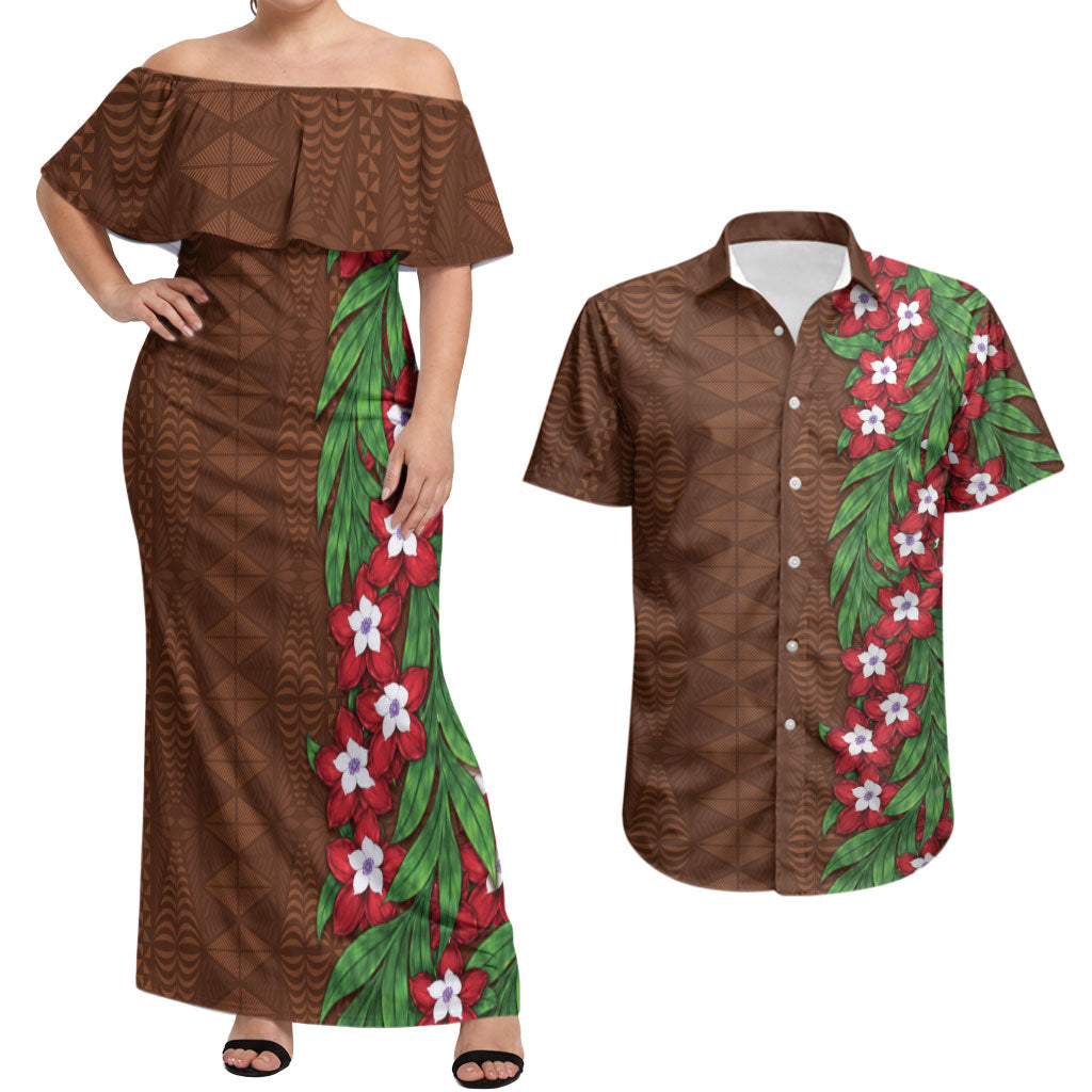 Tonga Language Week Couples Matching Off Shoulder Maxi Dress and Hawaiian Shirt Heilala Floral Brown LT05 Brown - Polynesian Pride