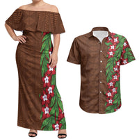 Tonga Language Week Couples Matching Off Shoulder Maxi Dress and Hawaiian Shirt Heilala Floral Brown LT05 Brown - Polynesian Pride