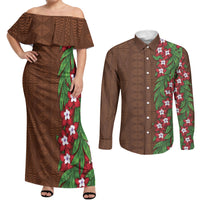Tonga Language Week Couples Matching Off Shoulder Maxi Dress and Long Sleeve Button Shirt Heilala Floral Brown LT05 Brown - Polynesian Pride