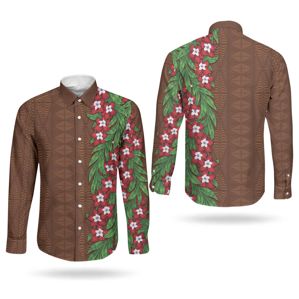 Tonga Language Week Couples Matching Off Shoulder Maxi Dress and Long Sleeve Button Shirt Heilala Floral Brown LT05 - Polynesian Pride