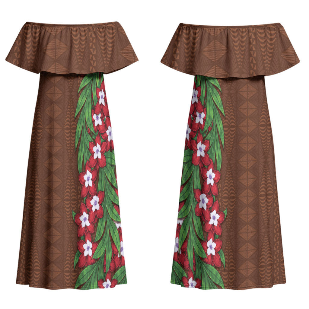 Tonga Language Week Couples Matching Off Shoulder Maxi Dress and Long Sleeve Button Shirt Heilala Floral Brown LT05 - Polynesian Pride