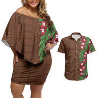 Tonga Language Week Couples Matching Off Shoulder Short Dress and Hawaiian Shirt Heilala Floral Brown LT05 Brown - Polynesian Pride