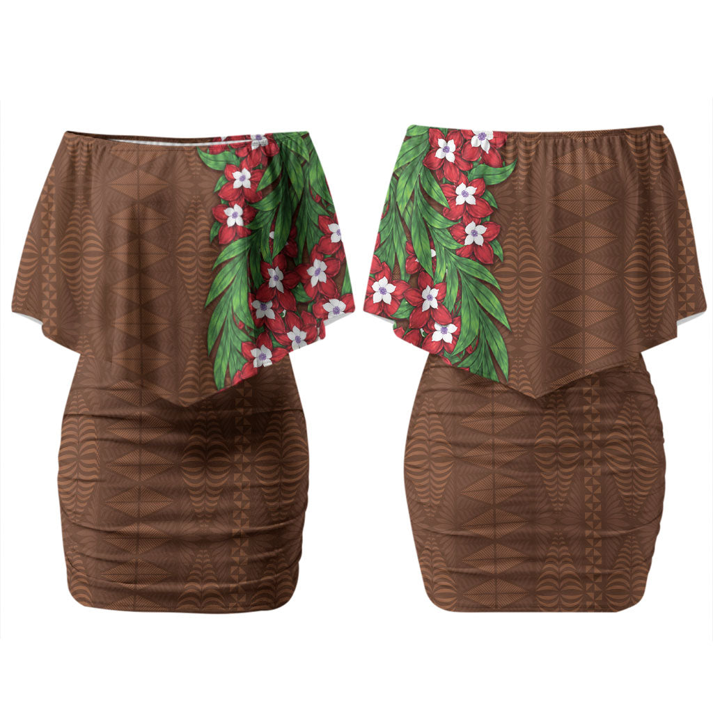 Tonga Language Week Couples Matching Off Shoulder Short Dress and Hawaiian Shirt Heilala Floral Brown LT05 - Polynesian Pride