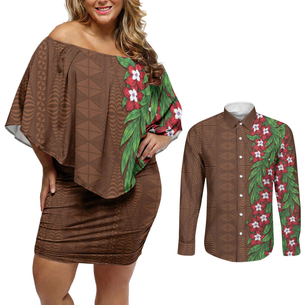 Tonga Language Week Couples Matching Off Shoulder Short Dress and Long Sleeve Button Shirt Heilala Floral Brown LT05 Brown - Polynesian Pride