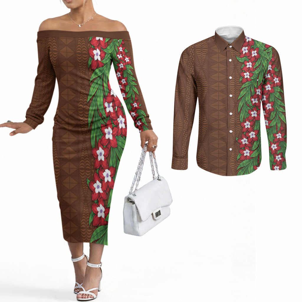 Tonga Language Week Couples Matching Off The Shoulder Long Sleeve Dress and Long Sleeve Button Shirt Heilala Floral Brown LT05 Brown - Polynesian Pride