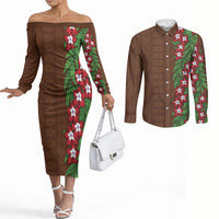 Tonga Language Week Couples Matching Off The Shoulder Long Sleeve Dress and Long Sleeve Button Shirt Heilala Floral Brown LT05 Brown - Polynesian Pride