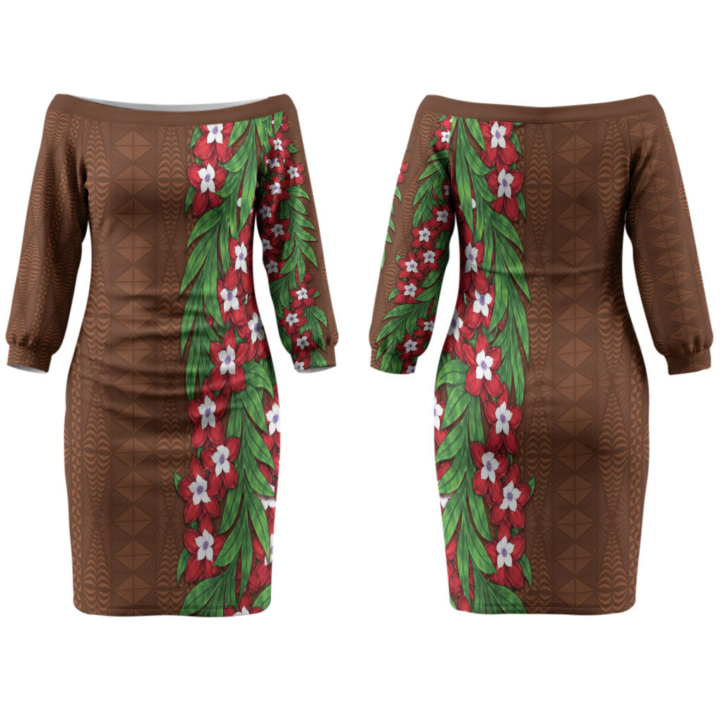 Tonga Language Week Couples Matching Off The Shoulder Long Sleeve Dress and Long Sleeve Button Shirt Heilala Floral Brown LT05 - Polynesian Pride