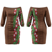 Tonga Language Week Couples Matching Off The Shoulder Long Sleeve Dress and Long Sleeve Button Shirt Heilala Floral Brown LT05 - Polynesian Pride