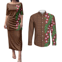 Tonga Language Week Couples Matching Puletasi and Long Sleeve Button Shirt Heilala Floral Brown LT05 Brown - Polynesian Pride