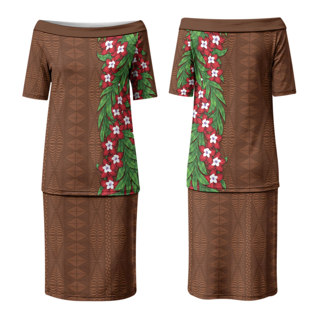 Tonga Language Week Couples Matching Puletasi and Long Sleeve Button Shirt Heilala Floral Brown LT05 - Polynesian Pride
