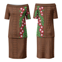 Tonga Language Week Couples Matching Puletasi and Long Sleeve Button Shirt Heilala Floral Brown LT05 - Polynesian Pride