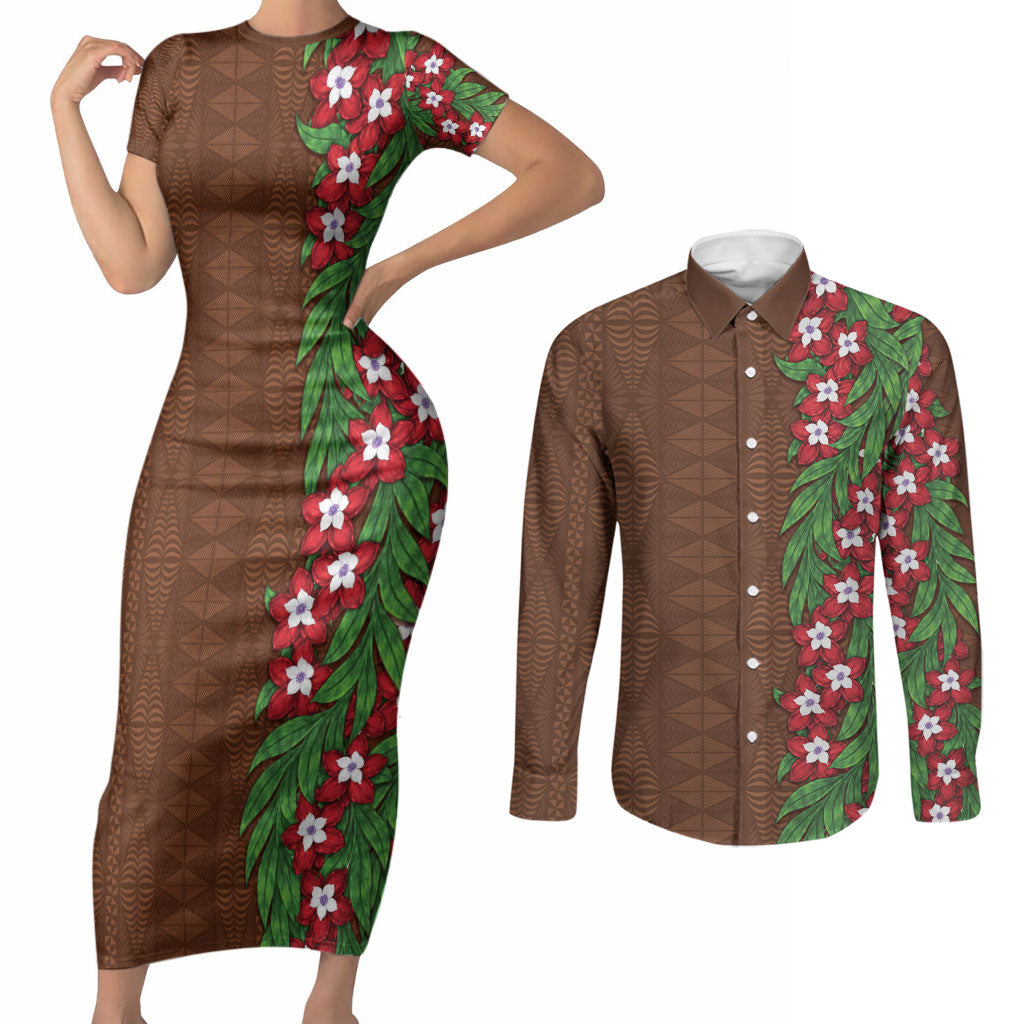 Tonga Language Week Couples Matching Short Sleeve Bodycon Dress and Long Sleeve Button Shirt Heilala Floral Brown LT05 Brown - Polynesian Pride