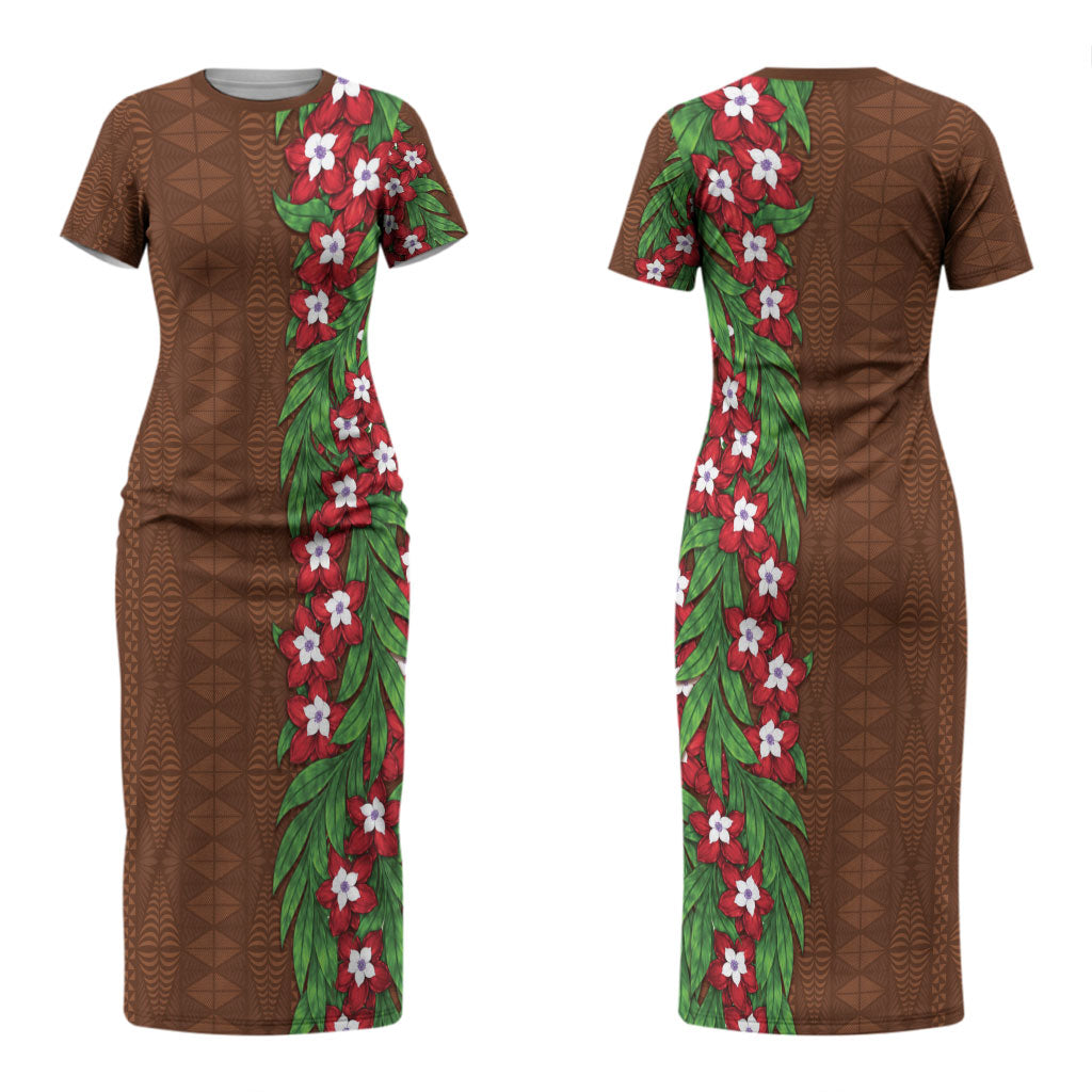 Tonga Language Week Couples Matching Short Sleeve Bodycon Dress and Long Sleeve Button Shirt Heilala Floral Brown LT05 - Polynesian Pride